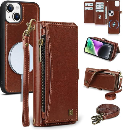 Wallet Case for iPhone 14 with Card Holder/Crossbody Wallet/Strap| RFID Blocking | Magnetic | Kickstand | Detachable | PU Leather Phone Case for iPhone 14,6.1 in,Brown