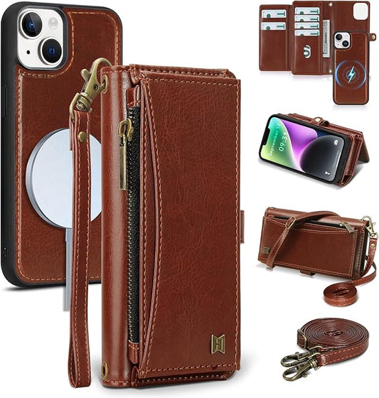 Wallet Case for iPhone 14 with Card Holder/Crossbody Wallet/Strap| RFID Blocking | Magnetic | Kickstand | Detachable | PU Leather Phone Case for iPhone 14,6.1 in,Brown