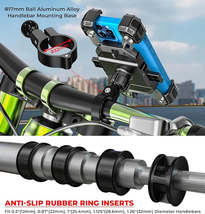 VAZESWIN Motorcycle Phone Mount, 1s Lock Bike Phone Holder, One-Handed Operation Motorcycle Cellphone Mount with Aluminum Alloy Handlebar Mounting Base for Bicycle Scooter, Fit 5.4"-7" Smartphone