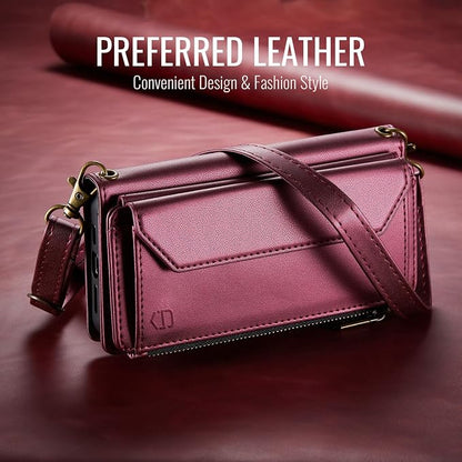 Strapurs Wallet Case Compatible with iPhone 16 Pro 6.3" RFID Blocking 10-Card Holder Soft PU Leather Magnetic Snap Shoulder Strap Zipper Pocket Phone Case Fit for iPhone 16 Pro for Women - Wine Red