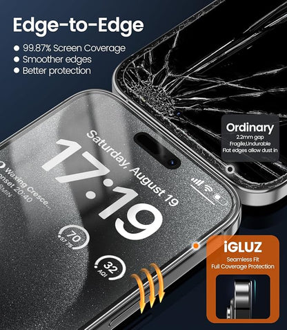 iGluz 4+2 Pack for iPhone 15 Pro Privacy Screen Protector with Camera Lens Protector 6.1 inch,9H+Tempered Glass[12FT Military Grade Shatterproof &100% Anti-Spy],3D Micro-Curved Edges[Longest Durable]