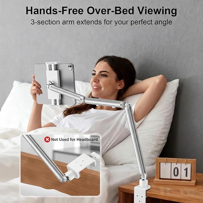 iPad Holder for Desk, Adjustable Tablet Arm iPad Desk Mount with C-Clamp, 30" Foldable Long Arm & 360° Rotation, Fits 4.7"–15.6" iPad Pro/Air/Mini, Phones & 15.6" Portable Monitors for Desk Use, White