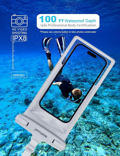 wellhouse Waterproof Phone Pouch, Waterproof Phone Case for iPhone 17 16 15 14 13 Pro Max XS Samsung, IPX8 3D Cellphone Dry Bag Beach Essentials (1 Pack - White8.0, 8 inch)