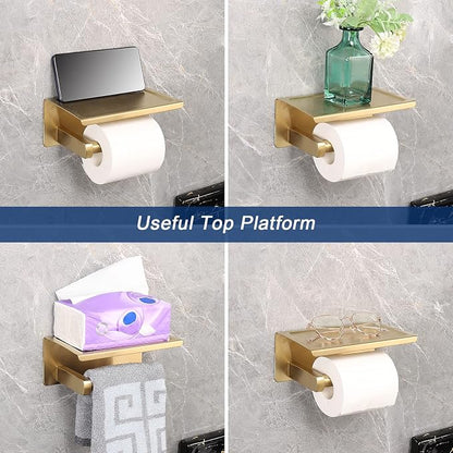 NearMoon Toilet Paper Holder with Shelf, Heavy Duty Bath Toilet Roll Holder with Phone Shelf Tissue Hanger for Bathroom/Kitchen No Drill or Wall Mounted(304 Stainless Steel, Brushed Gold)