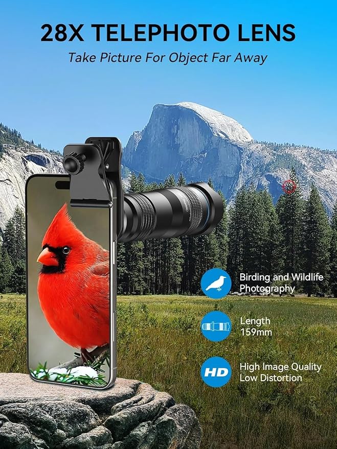 MIAO LAB 28X HD Telephoto Lens for iPhone/Samsung/Android, High Power Telephoto Camera Lens with Universal Clip Compatibility Most Smartphone