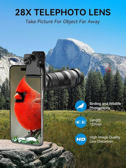 MIAO LAB 28X HD Telephoto Lens for iPhone/Samsung/Android, High Power Telephoto Camera Lens with Universal Clip Compatibility Most Smartphone