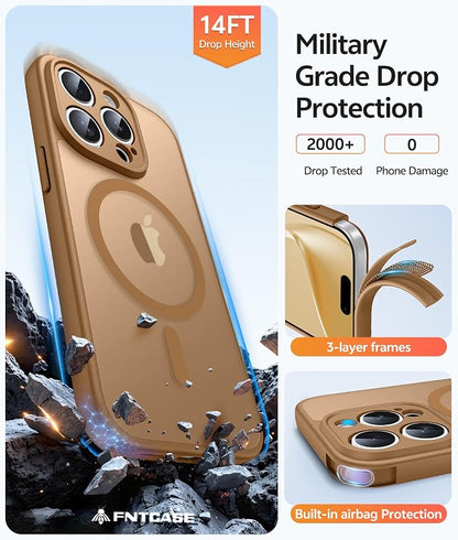 FNTCASE for iPhone 15 Pro Max Case: [Compatible with Magsafe] Translucent Matte Cases with [Full Camera Protection] [Screen Protector] Military Grade Shockproof Protective Phone Cover - Brown