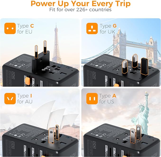 TESSAN Universal Travel Adapter, 140W GaN, Black | International Plug Adaptor, 3 USB C and 1 USB A Charging Ports, Worldwide Power Outlet, US to Europe UK AUS Ireland