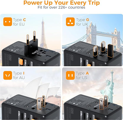 TESSAN Universal Travel Adapter, 140W GaN, Black | International Plug Adaptor, 3 USB C and 1 USB A Charging Ports, Worldwide Power Outlet, US to Europe UK AUS Ireland