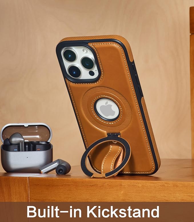 for iPhone 12 Pro Max Leather Case with Stand, Anti-Slip Grip Ring, Fits for MagSafe (Brown, iPhone 12 Pro Max)