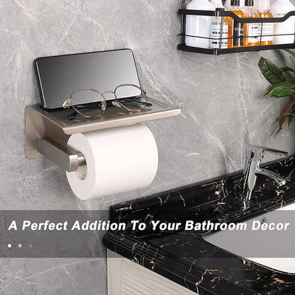 NearMoon Toilet Paper Holder with Shelf, Heavy Duty Bath Toilet Roll Holder with Phone Shelf Tissue Hanger for Bathroom/Kitchen No Drill or Wall Mounted(304 Stainless Steel, Brushed Nickel)