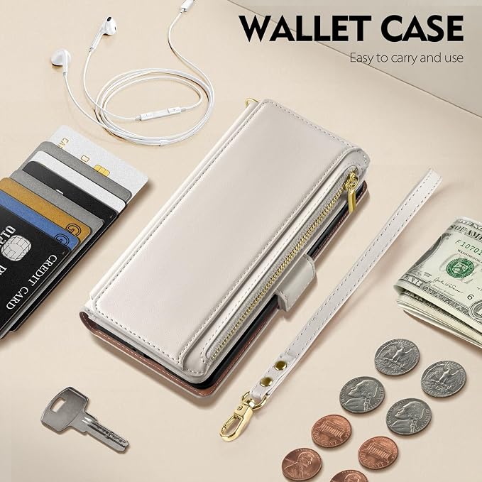 Antsturdy Compatible with iPhone 12 Wallet Case,RFID Blocking PU Leather Phone Case Women Men Kickstand Flip Cover Wrist Strap Zipper Credit Card Holder Slots,for Apple 12 Pro 6.1",Beige