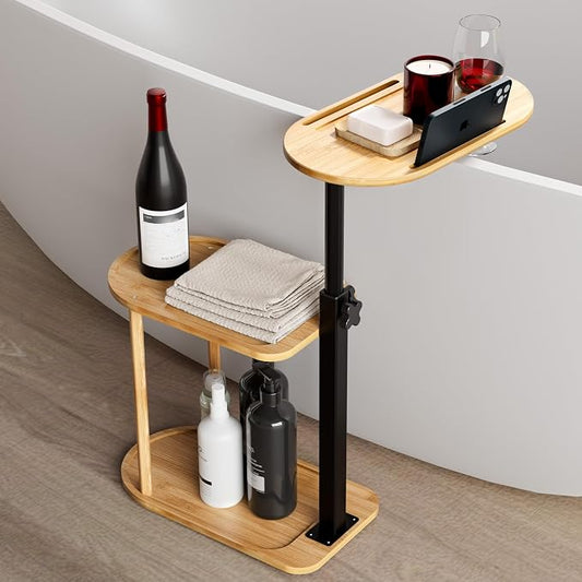 Yumkfoi 3 Layer Bath Tub Tray Table, Freestanding Bamboo Bath Tray Caddy for Tub Against Wall, Bath Table Tray Tub Shelf Bathroom Organizer Shelf for Luxury Spa and House Warming New Home