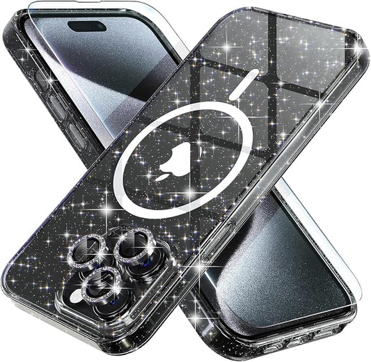 Choiche for iPhone 15 Pro Case Magnetic, Women Clear Glitter Bling Sparkly Case, [3xDiamond Camera Lens Protectors] [2xTempered Glass Screen Protectors] [Compatible MagSafe] (Glitter Clear)