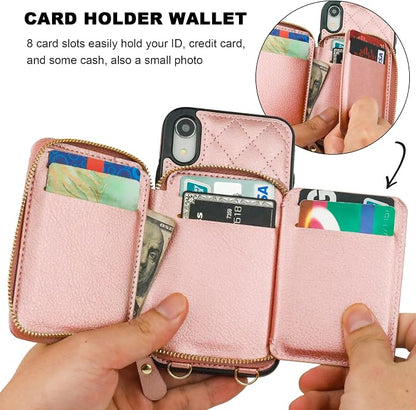 Bocasal Crossbody Wallet Case for iPhone Xr, RFID Blocking PU Leather Zipper Handbag Purse Flip Cover, Kickstand Folio Case with Card Slots Holder Wrist Strap Lanyard 6.1 Inch (Rose Gold)