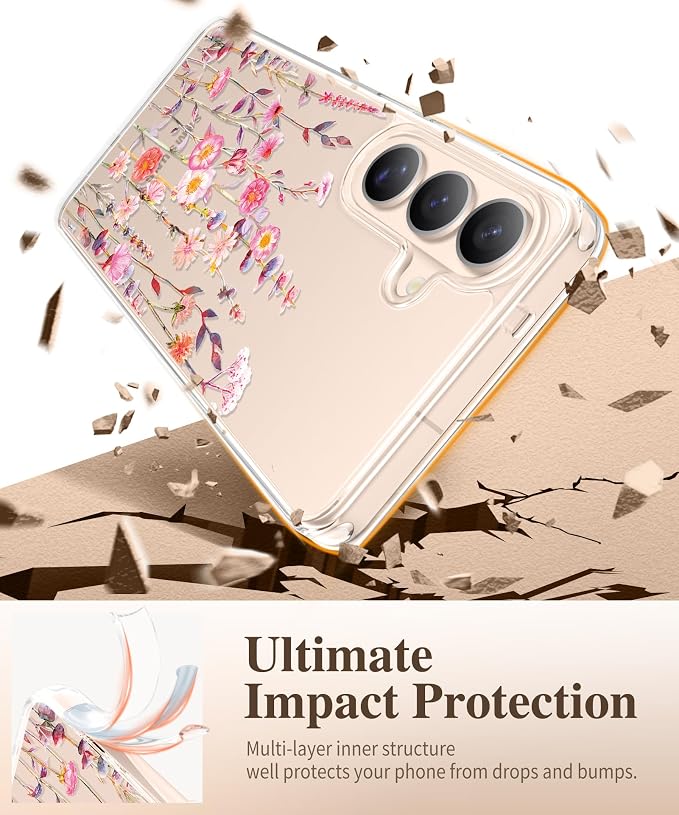 GVIEWIN for Samsung Galaxy S26 Case, Clear Floral Slim Shockproof Protective Women Phone Case, Non-Yellowing, with Screen Protector & Camera Lens Protector for Galaxy S26 6.3", Floratopia/Orange