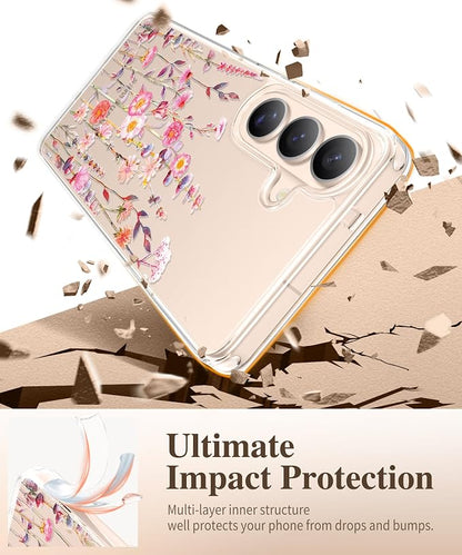 GVIEWIN for Samsung Galaxy S26 Case, Clear Floral Slim Shockproof Protective Women Phone Case, Non-Yellowing, with Screen Protector & Camera Lens Protector for Galaxy S26 6.3", Floratopia/Orange