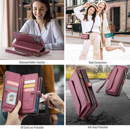 Strapurs Wallet Case Compatible with iPhone 16 6.1" RFID Blocking 7-Card Holder Soft PU Leather Magnetic Snap Shoulder Strap Zipper Pocket Phone Case Fit for iPhone 16 for Women - WineRed