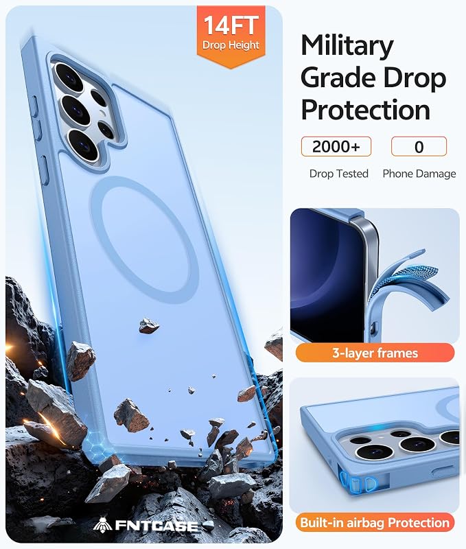 FNTCASE for Samsung Galaxy S23 Ultra Case, Compatible with Magsafe | Translucent Matte Magnetic Back, 14FT Military Grade Drop Protection, Shockproof Protective Phone Cover