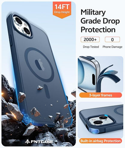 FNTCASE for iPhone 15 Case: for iPhone 14 & iPhone 13 Case [with Screen Protector] Magnetic Translucent Matte | Military Grade Drop Protection | Shockproof Phone Cover Protective Cases - Blue