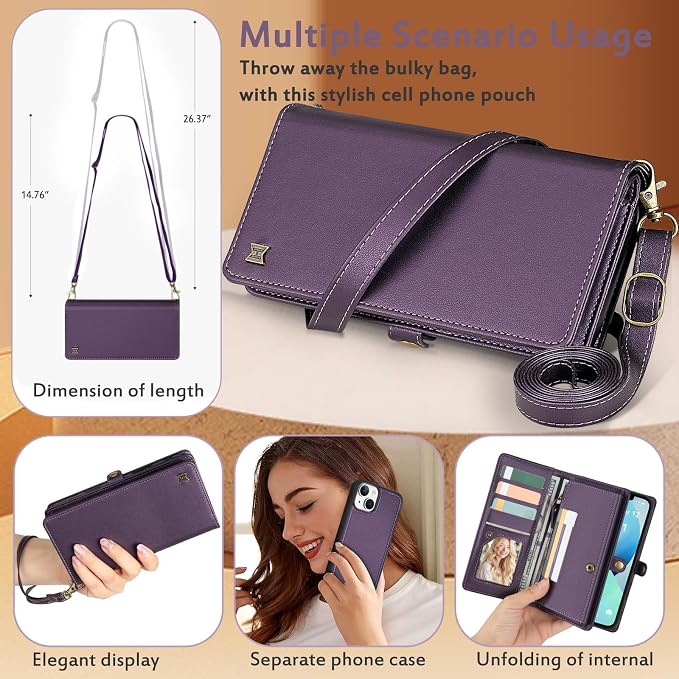 for Wallet Case Compatible with iPhone 13,Multi-Function Detachable 2 in 1 Magnetic iPhone 13 Case Wallet,Flip Strap Zipper Card Holder Phone Case with Shoulder Straps (Pruple)