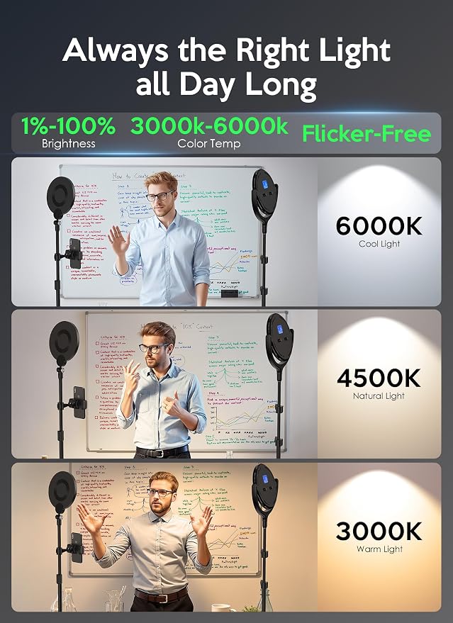 Ring Light for Online Teaching Video 2700-6500K Home Office Studio Light - Desktop & Phone Tripod Stand - High CRI 2-Point Lighting for Video Recording/Photography/Flexible Work