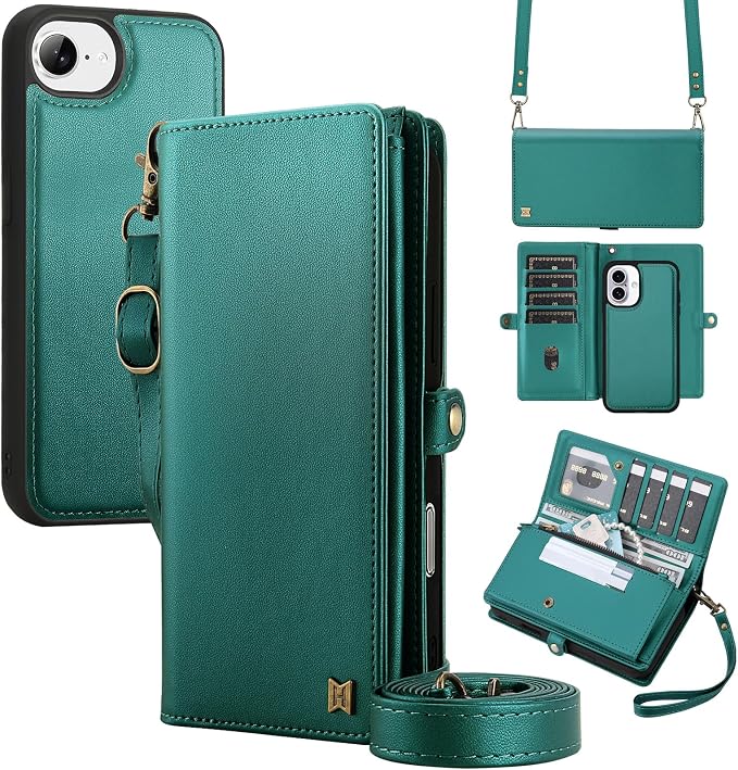 for Wallet Case Compatible with iPhone 16e / 17e,Multi-Function Detachable 2 in 1 Magnetic iPhone 16e/17e Wallet,Flip Strap Zipper Card Holder Phone Case with Shoulder Straps (Green)