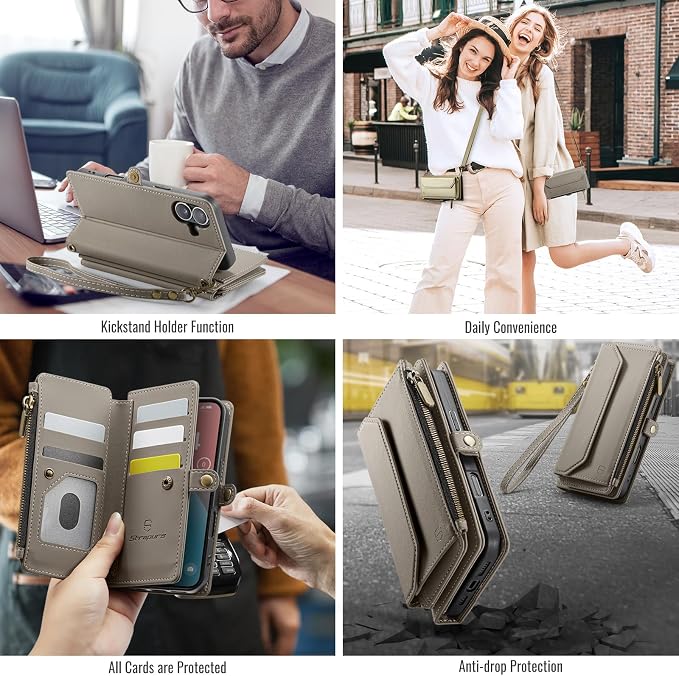 Strapurs Wallet Case Compatible with iPhone 16 6.1" RFID Blocking 7-Card Holder Soft PU Leather Magnetic Snap Shoulder Strap Zipper Pocket Phone Case Fit for iPhone 16 for Women - Grey