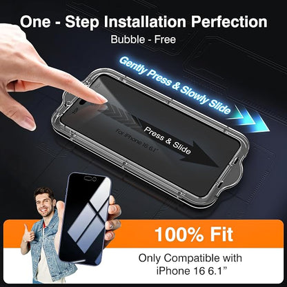 EZ-GLAZ- 4 Pack for iPhone 16 Privacy Screen Protector [6.1"] With 2 Pack Camera Lens Protector, 9H+ Hardness 12FT Military Grade Shatterproof Scratch Resistant Durable Tempered Glass Film with Flawless Fit Kit