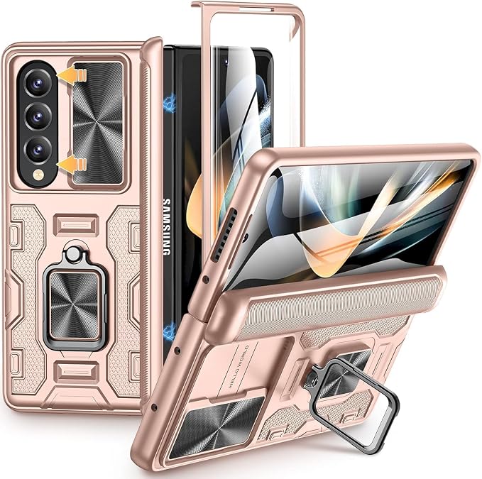 VEGO for Samsung Z Fold 4 Case, with Slide Camera Cover&Screen Protector | Fold 4 Case with Kickstand Hinge Protection Cover Case for Samsung Galaxy Z Fold 4 5G- Pink