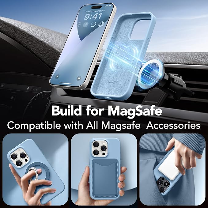 GONEZ Magnetic for iPhone 16 Pro Case, Compatible with MagSafe, [Screen Protector + Camera Lens Protector], Silicone Shockproof Anti-Scratch Protective Phone Case 6.3 inch, Mist Blue