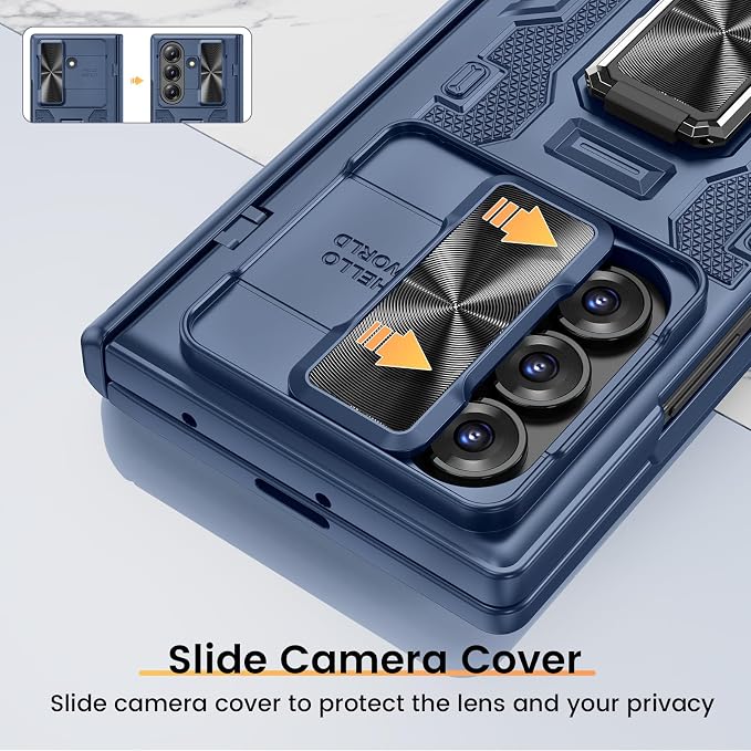 VEGO for Samsung Fold 7 Case with Hinge Protection& Slide Lens Cover,Blue | Built-in 360°Rotating Ring Stand[Screen Protector] Heavy Duty Shockproof Protective Hard Case for Samsung Z Fold 7 2025