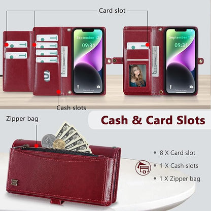 Wallet Case for iPhone 14 with Card Holder/Crossbody Wallet/Strap| RFID Blocking | Magnetic | Kickstand | Detachable | PU Leather Phone Case for iPhone 14,6.1 in,Wine Red