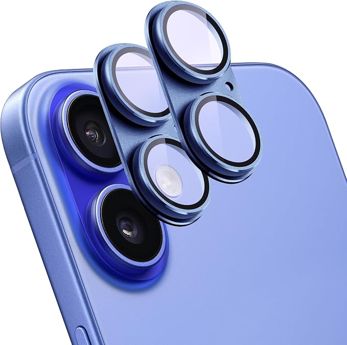 2 Pack Camera Lens Protector for iPhone 16/16 Plus,Metal AR Tempered Glass Rear Camera Screen Cover,Anti-Scratch,Strong Adsorption,Case Friendly, Easy to Install-Azure