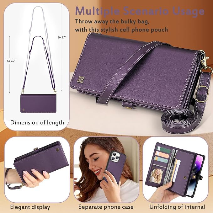 for Wallet Case Compatible with iPhone 14 Pro Max,Multi-Function Detachable 2 in 1 Magnetic iPhone 14 Pro Max Case Wallet,Flip Strap Zipper Card Holder Phone Case with Shoulder Straps (Pruple)