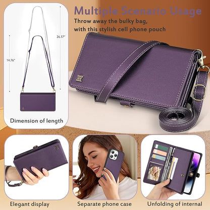 for Wallet Case Compatible with iPhone 14 Pro Max,Multi-Function Detachable 2 in 1 Magnetic iPhone 14 Pro Max Case Wallet,Flip Strap Zipper Card Holder Phone Case with Shoulder Straps (Pruple)