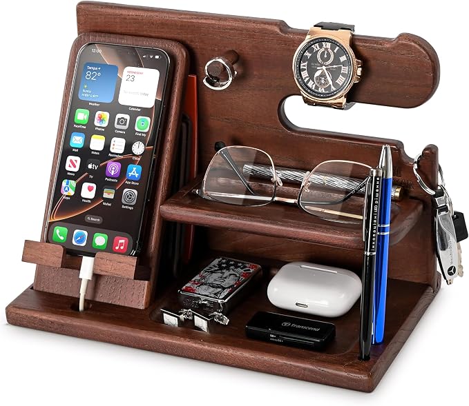 TESLYAR Wood Phone Docking Station for Men - Desk or Nightstand Organizer - Birthday Gifts for Husband or Dad - Anniversary Idea from Wife - Key Holder - Stand Wallet, Watch & Essentials (Chestnut)