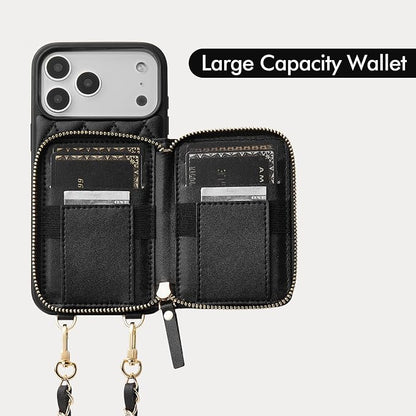LAMEEKU for iPhone 17 Pro Max Wallet Case with Card Holder, Quilted Leather Crossbody Zipper Purse for Women 6.9'' Black