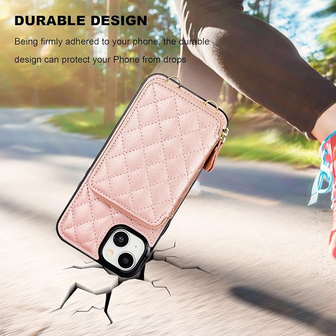 Bocasal Crossbody Wallet Case for iPhone 15 Plus, RFID Blocking PU Leather Zipper Handbag Purse Flip Cover, Kickstand Folio Case with Card Slots Holder Wrist Strap Lanyard 5G 6.7 Inch (Rose Gold)