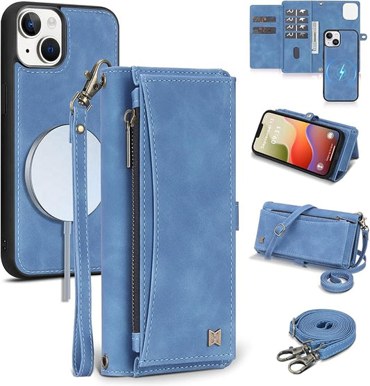 Wallet Case for iPhone 14 Plus with Card Holder/Crossbody Wallet/Strap| RFID Blocking | Magnetic | Kickstand | Detachable | PU Leather Phone Case for iPhone 14 Plus,6.7 in,Sky Blue