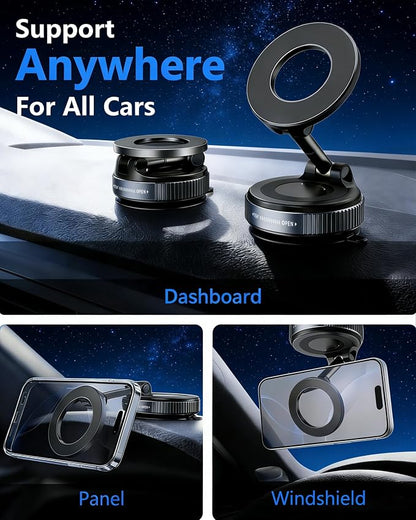 Vacuum Magnetic Phone Holder for Car,2800gf Strong Magnetic Phone Mount,360° Adjustable & Reinforced Suction Cup for Dashboard/Mirror,Car Phone Holder Compatible with iPhone Androi（Deep Black）