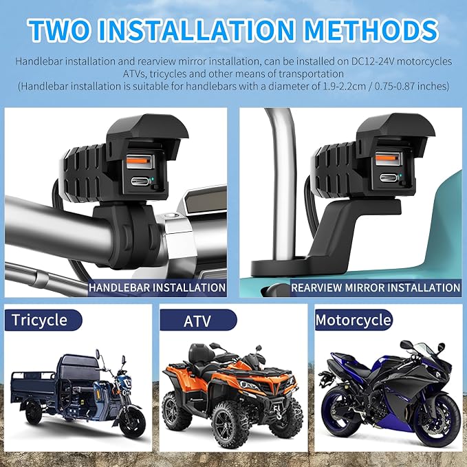 Motorcycle USB Charger, Dual USB Type C 30W PD & QC 3.0 Motorcycle Phone Charger with Voltmeter & ON/Off Switch, Waterproof ATV/Motorcycle/Dirt Bike Charger for Phone, Tablet, GPS...