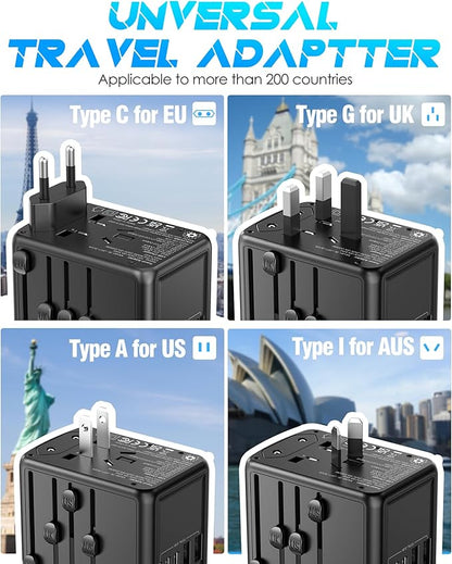 Universal Travel Adapter, 30W 6.0A for Europe UK US 200+ Countries | 5 USB C/A Ports, 2500W AC Outlet, Multi Plugs 110V 220V A/C, International Power Adapter for Phone Laptop & All USB Devices