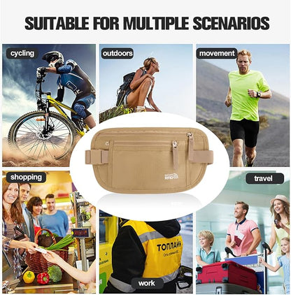 Small Unisex Money Belt For Men and Women, Slim Passport Holder RFID Blocking Travel Essentials Pouch with Adjustable Strap Small Waist Pouch for Workout Running Travelling Hiking(Beige)