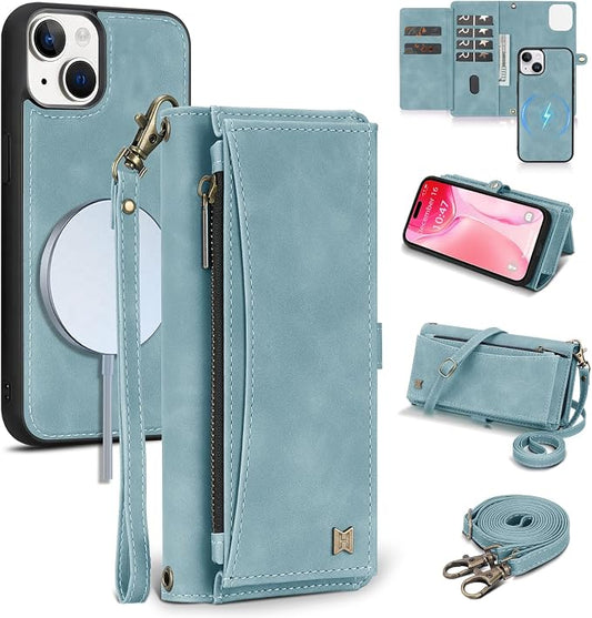 Wallet Case for iPhone 15 Plus with Card Holder/Crossbody Wallet/Strap| RFID Blocking | Magnetic | Kickstand | Detachable | PU Leather Phone Case for iPhone 15 Plus,6.7 in,Blue