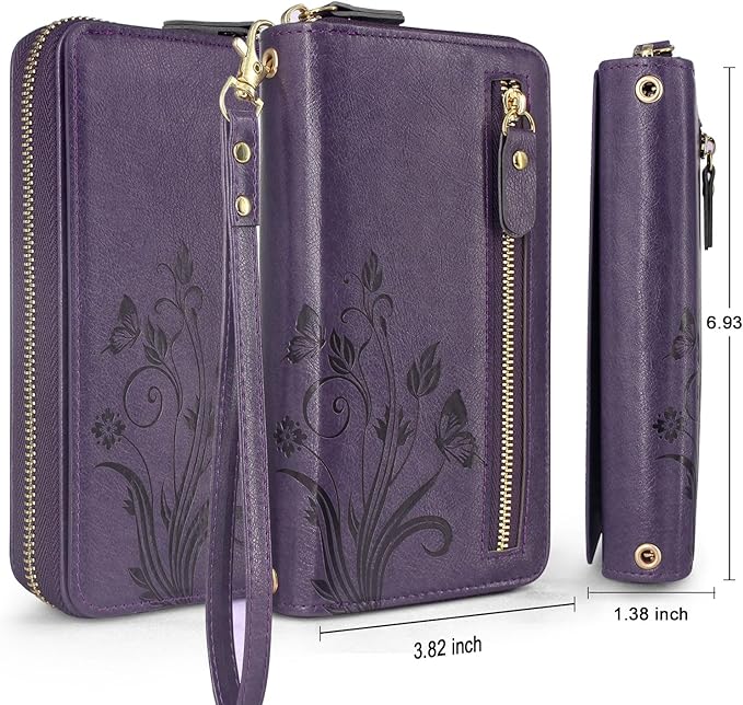 Lacass for iPhone 16 Pro Max 6.9 inch 2024 Wallet Case, Crossbody Dual Zipper Detachable Magnetic Leather Wallet Case Cover Wristlets Wrist Strap 13 Card Slots Money Pocket(Floral Dark Purple)