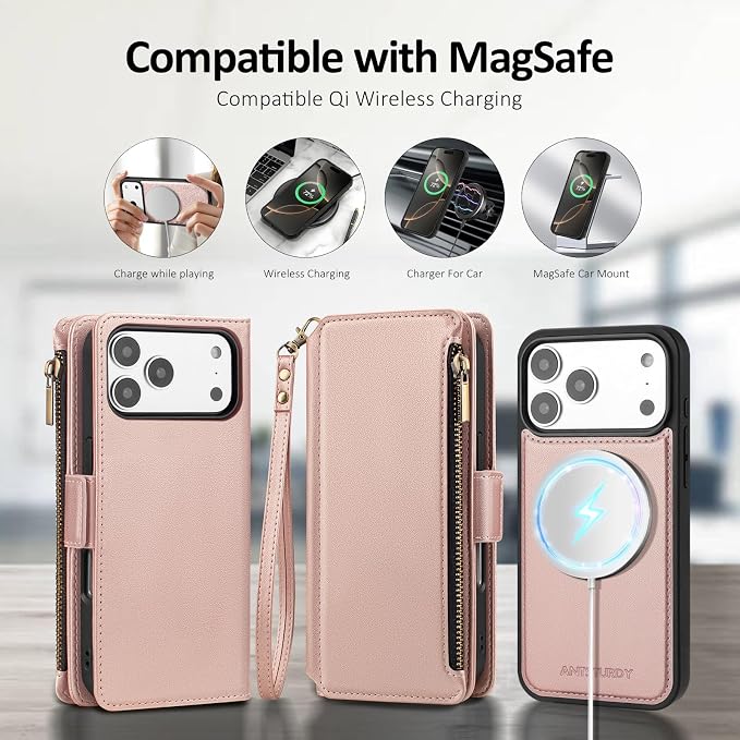 Antsturdy Compatible with Magsafe Magnetic 2 in 1 Detachable iPhone 17 Pro Wallet Case with Credit Card Holder Slots,PU Leather RFID Blocking Phone Cover Wrist Strap Zipper Women Men,Rose Gold