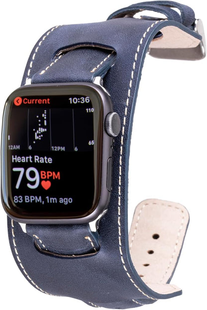 HARDISTON Cuff Watch Band Compatible with Apple 42mm (Ser.10) for Men & Women, Handmade Genuine Leather, Compatible with iWatch Series 11 10 9 8 7 6 5 4 3 2 1 SE Ultra, Wristband, Medium/Band-Navy
