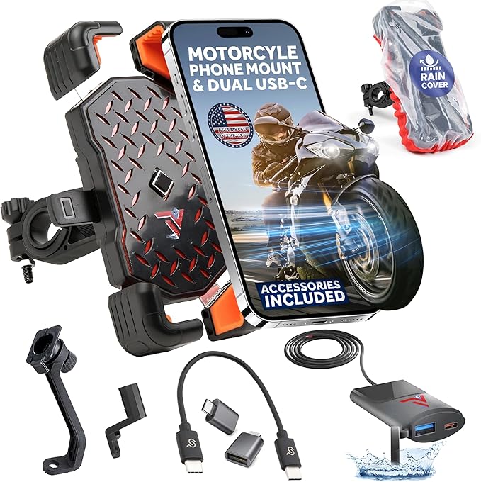Motorcycle Phone Mount with USB Charger (3.25–7") – Waterproof Cell Phone Holder for Motorcycle, ATV, Snowmobile – 12V Dual USB-C Fast Charging – Includes Mirror Mount & Rain Cover