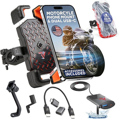 Motorcycle Phone Mount with USB Charger (3.25–7") – Waterproof Cell Phone Holder for Motorcycle, ATV, Snowmobile – 12V Dual USB-C Fast Charging – Includes Mirror Mount & Rain Cover